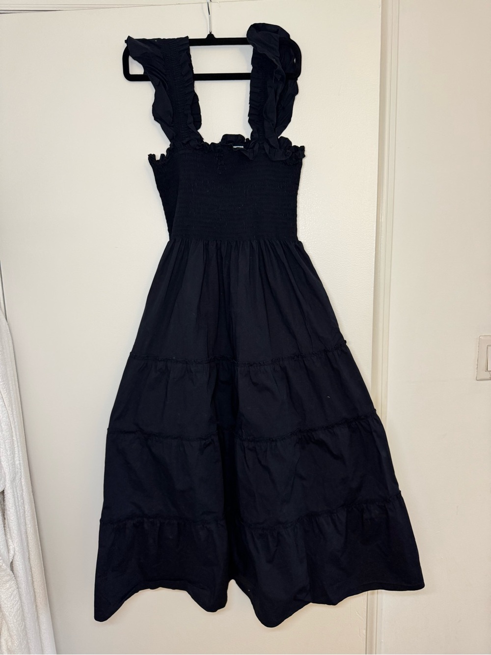 Hill House Home The Nap Dress Black Smocked Tiered Midi Dress Size Small